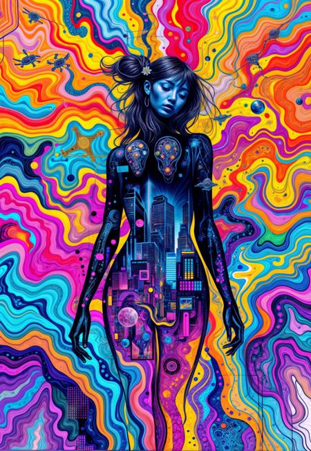 Abstract drawing, the woman's silhouette barely perceptible, soft ghostly outline dissolving into the background, a stunning explosion of colors—vivid oranges, azure blues, hot pinks, neon purples, and electric greens swirl and flow like liquid, merging in chaotic yet harmonious waves. Futuristic elements emerge—floating geometric shards, neon circuitry spiraling in and out of focus, holographic patterns shifting, glowing abstract symbols flickering. The silhouette hints at a figure, abstract lines suggesting arms and a face, but it’s fragmented, almost dissolving. Neon streaks of light burst from the silhouette, merging into a fractal network of wires and glitching data streams. Fragmented cityscapes and neon billboards peek through the chaos, distorted and bending like reflections in a rippling surface. Floating orbs, futuristic drones, and holographic dragon shapes twist through the vibrant scene, dissolving into waves of energy. Psychedelic layers pulse with brightness, creating depth. The entire scene radiates energy, dreamlike and disorienting, an abstract fusion of digital beauty and chaos.