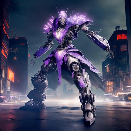 a (mechcd, shiny:1.2, glowing:1.2, glowing eyes, mechanical parts, cyberpunk, purple theme:1.3) robot, (cloak:1.3), fighting stance, battle, (solo:1.2), <lora:mechcd-000007:0.9>, no humans, high quality, masterpiece, realistic, photorealistic, (outdoors, full body, science fiction, cityscape, at night, dim light, raining),