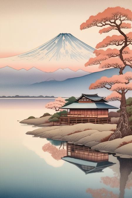 <lora:Hasui Kawase Style:1>Hasui Kawase Style - wood block print style illustration, Hiroshi Yoshida, traditional Japanese house on the bank of a lake with Mount Fuji in background, soft color tones, watercolor, mountain and sky reflected in the lake