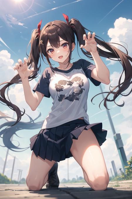 1girl, casual clothes, t-shirt, skirt, twintails, long hair, medium breasts, claw pose, facing viewer, outdoors, kneeling