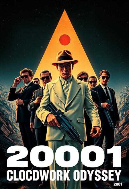 Design a powerful and surreal movie poster for 2001: CLOCKWORK ODYSSEY, a mash-up of Stanley Kubrick’s A Clockwork Orange and 2001: A Space Odyssey, mixed with the gritty, crime-driven style of Quentin Tarantino’s Reservoir Dogs. In the foreground, feature Alex from A Clockwork Orange, wearing his white outfit, bowler hat, and signature single eyelash. He stands alongside a group of sharp-dressed men in black suits, sunglasses, and ties, referencing the iconic Reservoir Dogs crew. One of them holds a futuristic weapon, blending the criminal underworld with a sci-fi twist.
In the background, depict the infinite void of space, featuring the HAL 9000 red eye and the monolith from 2001. The composition should feel tense and chaotic, combining the urban decay of Clockwork Orange, the sterile, minimalist space design of 2001, and the gritty violence of Reservoir Dogs. Use a color palette that mixes the warm oranges and blacks of Clockwork Orange, the cool whites and blues of 2001, and the bold reds and blacks from Reservoir Dogs.
Prominently display the title 2001: CLOCKWORK ODYSSEY in a fusion of all three films’ typography styles. Add ‘A Film by Stanley Kubrick’ at the bottom, blending Kubrick’s vision with the raw energy of Tarantino’s world