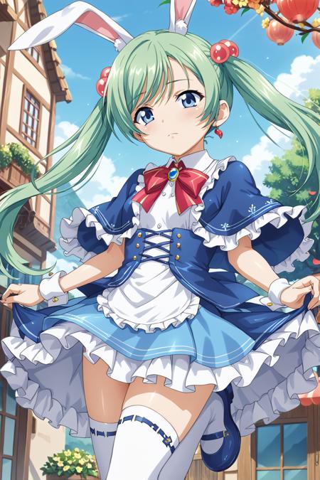 1girl, shokatsuryou koumei, twin tails, hair ornament, long hair, green hair, blue eyes,   serafuku, white shirt, yellow bow, pleated skirt, blue skirt, white socks, loafers, 