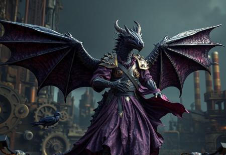 "8K UE5/Octane render of a grimdark Boar Soldier dragon hybrid: dark purple scales, elongated neck/tail, and massive spread wings. Adorned in flowing purple/pink battle-dress, contrasting against a steampunk Geartown backdrop (grinding gears, smokestacks). Cinematic Rembrandt lighting highlights Houdini-simulated fabric physics, nanite-textured armor, and ray-traced metallic environments. Post-processed with Kodak film grain, chromatic aberration, and Grammer Effect color grading. Tags: #Grimdark #Steampunk #CharacterDesign."