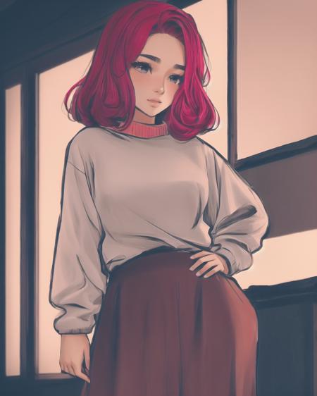 <lora:Winton_Kidd_Style:1>  1girl, blush, sweater, skirt, looking at viewer, hand on hip, silent comic, red hair, dark-skinned female, nipples, (cubicle:1.3), winton kidd