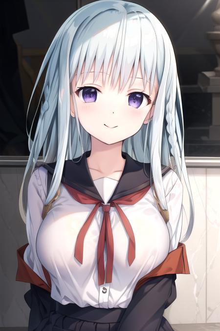 ((masterpiece)),(best quality),official art,extremely detailed CG,unity 8k wallpaper,ultra detailed,beautiful detailed eyes,extremely detailed face,1girl,solo,upper body,(portrait:1.2),looking at viewer,facing viewer,smile,very long hair,white hair,braid,sidelocks,bangs,purple eyes,school uniform,serafuku,red ribbon,shirt,long sleeves,large breasts,black skirt,frills,black pantyhose,loafers,<lora:Teidou Shirayuki(kthdnlc)>,