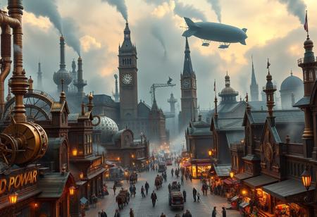steampunk cityscape, towering Victorian architecture, intricate brass gears and cogs, steam-powered machines, large mechanical structures, copper pipes running along buildings, foggy streets, Victorian-style clothing, horse-drawn carriages mixed with mechanical transports, giant steam engines, glowing lanterns lighting the streets, smoky atmosphere, detailed clock towers, steam rising from vents, brass and bronze tones, intricate mechanical textures, retro-futuristic airships floating above, high contrast lighting, photorealism, industrial revolution vibes, detailed cobblestone roads, ornate ironwork on buildings, massive steam-powered robots, clockwork devices, high resolution, ((masterpiece)), airships casting shadows over the streets, bustling market stalls, brass-colored sky, fog-covered horizon, vibrant marketplace with mechanical vendors