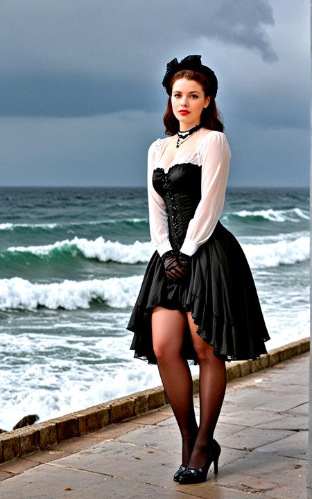 <lora:pytorch_lora_weights_361535:1>,(full body photo:1.4),(full body:1.4),(full shot:1.4),(full body shot:1.4),,(from below:1.4),(upskirt:1.4),32 year old  Women,(2girls :1.4),dark Blue eyes,eyebrow piercing,medium length,Brunette,kinky hairs,Half-Up Half-Down cut,  with shaved sides style,Nostalgic Happiness expression, Soft smile, distant gaze, warm eyes,dramatic eyes, red lips,mahogany skin,(curvy body:1.3),natural sagging,hanging breasts,Dressed in Black and Silver A high-waisted chiffon skirt featuring intricate lace trim, worn with a ruffled cotton blouse and a silk corset overlay. Add patterned nylon tights, heeled Mary Janes, and a matching bonnet. Complete the look with lace gloves and a pearl necklace,Sitting with one leg crossed over the other, hands gliding down the arms, leaning back slightly,A dramatic winter afternoon at the Veracruz Aquarium, highlighting the sleek modern architecture against a backdrop of stormy skies, with waves crashing against the rocks, creating a moody atmosphere that reflects the power of the sea,