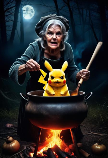horror movie poster of a cackling ugly old witch cooking a pikachu in a cauldron boiling over a blazing fire in a clearing, dark horror vibe, moonlit night,