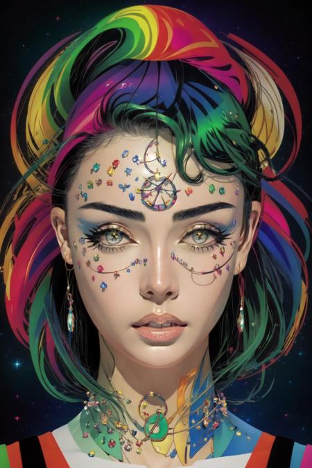 Tarot Card style, comic book style, Animated, anime, manga, (masterpiece, best quality, ultra-detailed, highres), perfect face, sidelighting, lustrous skin,(bloom), (shine), lighting, ray tracing, sci-fi, solo, blue eyes, solo, green hair, looking at viewer, lips,  depth_of_field,very detailed background, highly detailed background, Masterpiece, Ultra detailed, great composition,Dynamic angle,[Bottle bottom],(wide shot), extremely delicate and beautiful,(Highest picture quality), (Master's work),   depth of field, solo, extreme light and shadow, masterpiece, rich in detail, (fine features), (highest quality), (masterpiece), (detailed eyes), (beautiful) detailed,beautiful detailed eyes,(straight-on), full body,(extremely detailed CG unity 8k wallpaper),(masterpiece), (best quality), (ultra-detailed), (best illustration),(best shadow),perfect lighting , perfect anatomy , vivid colors,  <lora:iridescentHairLORA_v1:.4> <lora:jewelCountryStyle_v10:.3>  <lora:wlopStyleLora_30Epochs:.2> <lora:VirtualLife3dv2:.3> <lora:colorfulStyle_v1:.2> <lora:beautifulDetailedEyes_v10:.3> <lora:SailorMoonTarot:.2> <lora:alphonseMucha_v12:.2> <lora:cosmicRainbow_v1:.2> <lora:gachaSplashLORA_gachaSplashFantasy:.2> <lora:flatIllustration_flatIllustration:.3>