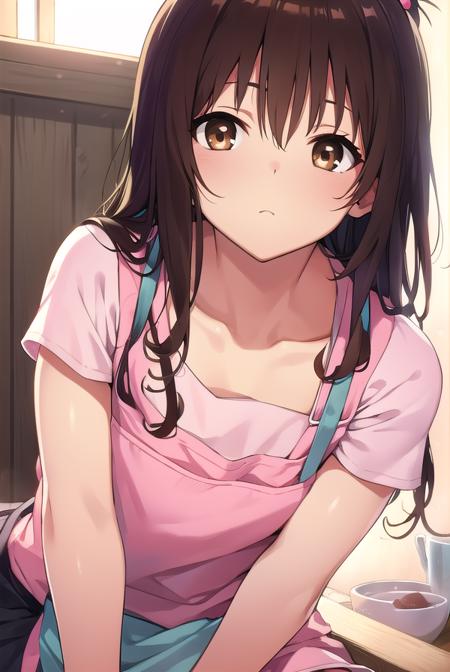 mikanyuuki, <lyco:mikanyuuki-LYCORIStest:1>,
mikan yuuki, (brown eyes:1.5), brown hair, hair ornament, hair scrunchie, long hair, pink scrunchie, scrunchie, (flat chest:1.2),
BREAK apron, blouse, collarbone, layered skirt, pink shirt, shirt, short sleeves, skirt, yellow apron,
BREAK looking at viewer,
BREAK indoors, kitchen,
BREAK <lora:GoodHands-vanilla:1>, (masterpiece:1.2), best quality, high resolution, unity 8k wallpaper, (illustration:0.8), (beautiful detailed eyes:1.6), extremely detailed face, perfect lighting, extremely detailed CG, (perfect hands, perfect anatomy),