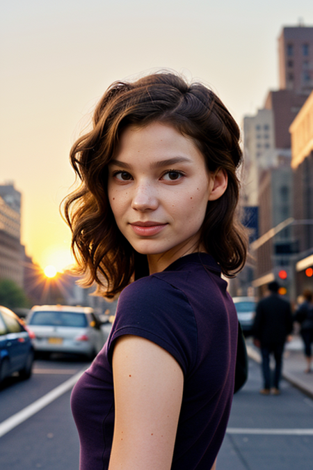 LizaKorol, (masterpiece, best quality, extremely detailed, perfect body, perfect face:1.2), modelshoot, pose, street photography, busy Manhattan street corner, serious look, bodycon jumpsuit, high heels, August, heat, sweat, sunset, golden hour, pastel sky, dusk, facing viewer