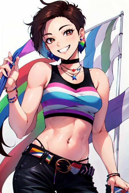 Pride Comics Style,  1girl,  solo,  smile,  short hair,  brown hair,  shirt,  navel,  holding,  brown eyes,  jewelry,  cowboy shot,  earrings,  midriff,  belt,  pants,  grin,  crop top,  black pants,  tank top,  striped shirt,  flag,  holding flag,  pastel colors,  transgender flag,  pride flag, <lora:EMS-58783-EMS:0.800000>