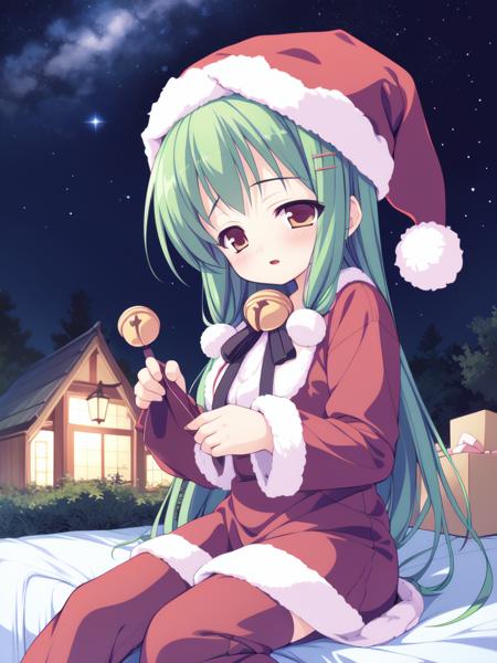 <lora:TachibanaYuzu:0.8>TachibanaYuzu, green hair, long hair, hair bell, hair ornament, ribbon,1boy, otoko no ko, soro,
Christmas, SantaClaus, hat, night, starry sky, sitting,
masterpiece, high quality, very_high_resolution, large_filesize, full color,