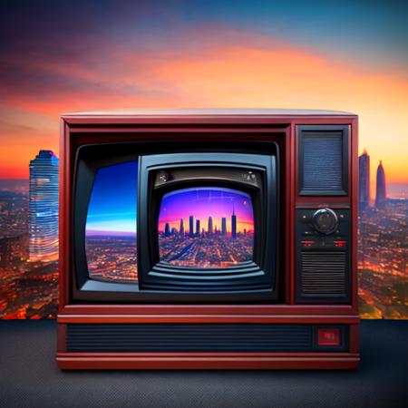 (tvcity:1) an old television set with a city skyline in the background <lora:djzTVcityV21_LoraBooth:1>