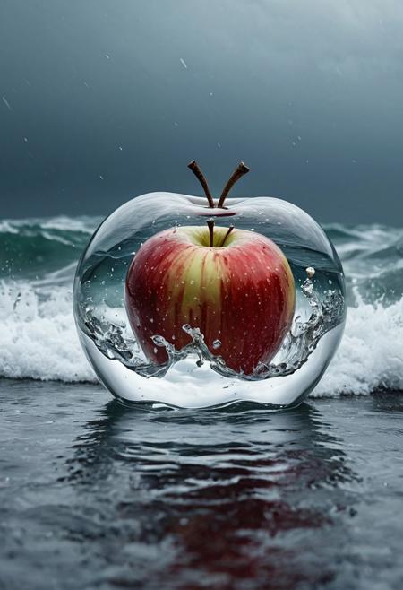 Stable_Yogis_PDXL_Positives
 Imagine a photograph capturing an extraordinary and surreal subject: a transparent apple, crystal clear and perfectly formed, revealing a highly detailed, tumultuous miniature sea raging within. The apple sits boldly in the center of the frame, its smooth, glass-like surface reflecting light and offering a window into the dynamic scene inside. Within, the stormy sea is a marvel of miniaturization - tiny waves crest and crash with realistic ferocity, and if one looks closely, minute flashes of lightning and swirls of wind can be discerned, adding to the tempest's drama. The background of the photo is intentionally simple, perhaps a soft, neutral color or a subtle gradient, ensuring that all attention is drawn to the striking contrast between the serene exterior of the apple and the wild, chaotic seascape it contains. The lighting is key, illuminating the apple in a way that highlights the intricate details of the storm inside while maintaining the overall clarity and impact of the image.