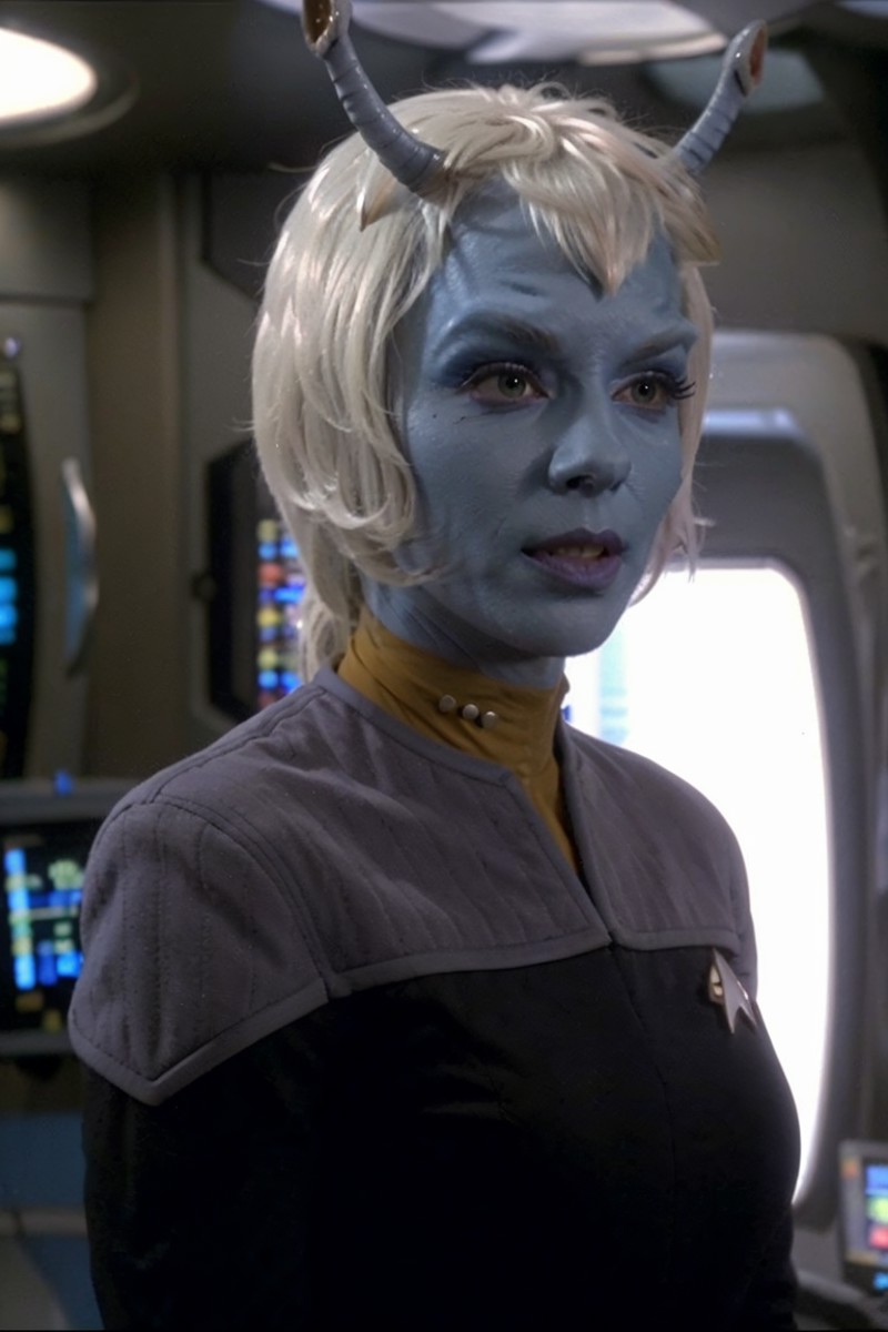 andorian woman, white hair, white eyebrows, blue skin, antennae, wearing ds9st uniform, yellow collar, scifi starship inte...