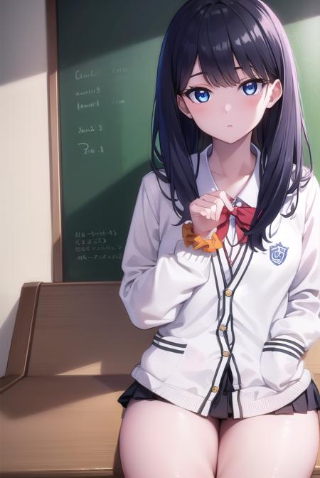 rikka takarada, black hair, blue eyes, long hair, orange scrunchie, scrunchie, wrist scrunchie black footwear, black skirt, bow, bowtie, buttons, cardigan, collared shirt, long sleeves, microskirt, pleated skirt, red bow, red bowtie, red socks, school uniform, shirt, shoes, skirt, socks, thighs, white cardigan, white shirt,