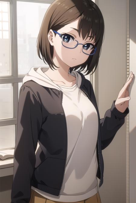 yumi iguchi, short hair, brown hair, black hair, glasses, (black eyes:1.3), skirt, shirt, jacket, white shirt, hood, hoodie,