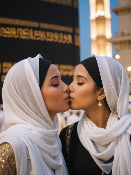 (The Kaaba in the back round:1.2), Mecca, 2 Hijabi girls kissing, eyes closed, volumetric lighting, bokeh, intimate, seductive