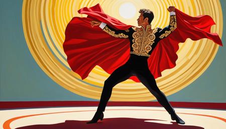 dramatic matador in ornate gold-embroidered jacket, tight black pants, looking down to his left with intense concentration, red cape swirling dramatically around him, graceful dancer-like pose, one arm extended holding cape, body twisted in elegant motion, traditional Spanish bullfighter outfit,, vibrant acrylic painting style, bold flat colors, clean geometric compositions, bright California sunlight, crisp shadows,  saturated color palette, smooth gradients, minimal detail work, contemporary pop art influence, architectural precision, optimistic 1960s atmosphere,