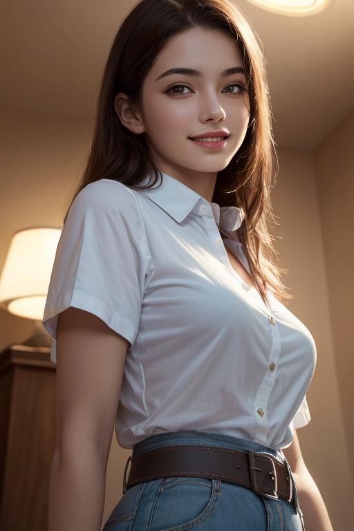 "A beautiful young woman wearing a white shirt and blue skirt posing for the camera."