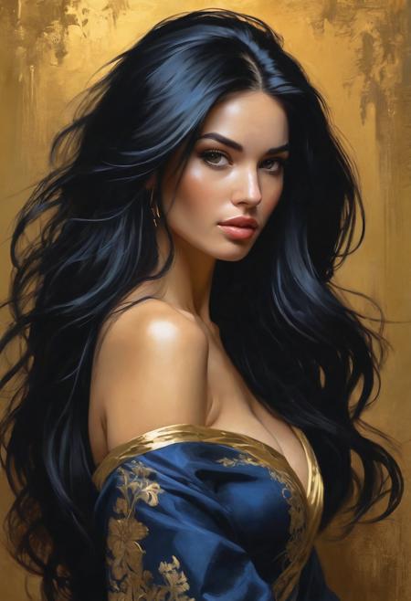 1 woman, long black hair, in a gold painting, inspired by Charlie Bowater and Michael Garmash, dark blue and dark black colors, comic art style, realistic color palette emphasizing dark black and beige, soft-focused realism, elegant pose, intricate facial features, flowing hair, detailed clothing texture, atmospheric background blending dark tones and subtle highlights