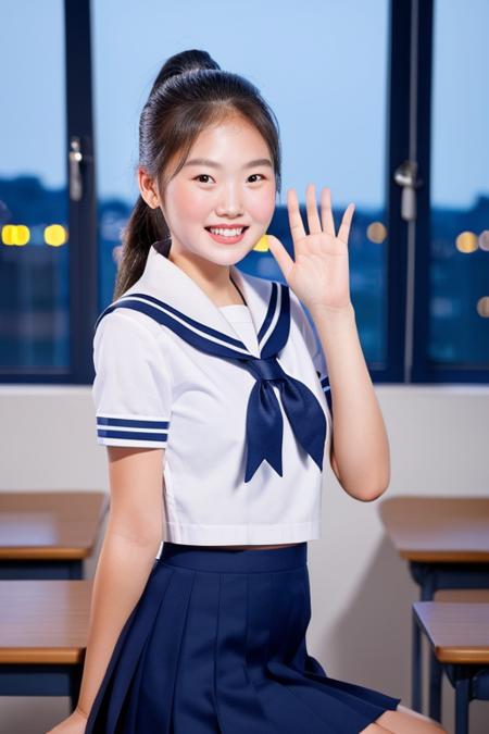 masterpiece, best quality, 1girl, beautiful face, wearing a sailor school uniform, high ponytail, smiling, waving her hands, in a classroom at night, beautiful gradient sky with stars, city nightscape from the window, RAW photo, photorealistic, realistic