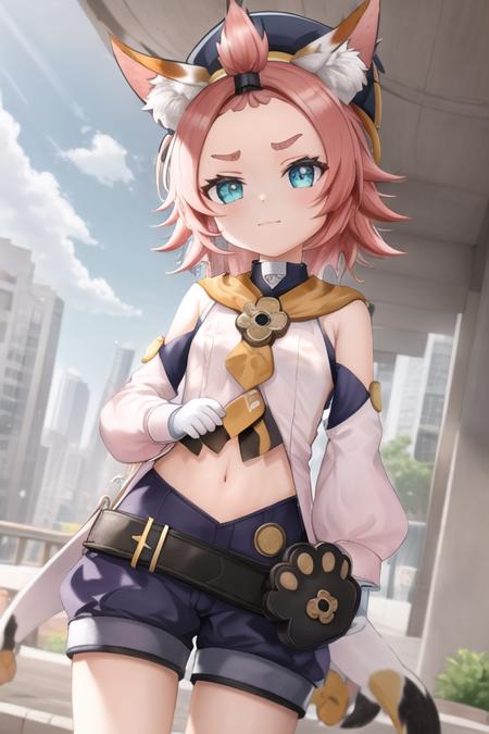 masterpiece,best quality,diona\(genshinimpact\), 1girl, solo,pink hair, hat,gloves, detached sleeves,paw print,shirt,belt, shorts, navel,hair pull,cityspace