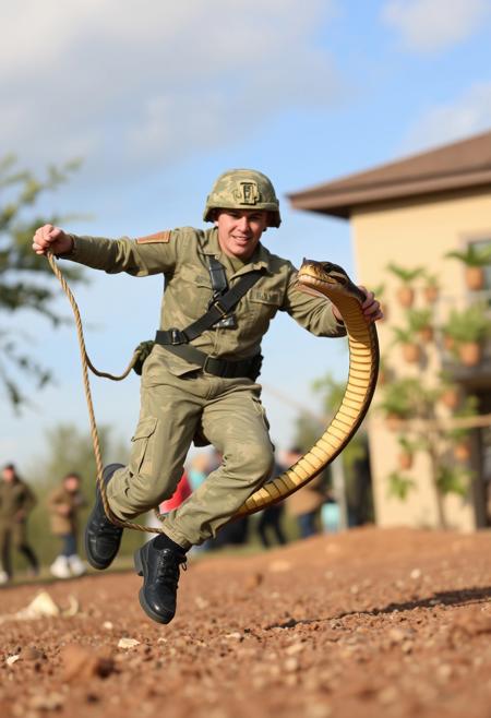A army man playing jump rope with a snake