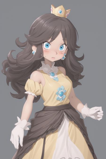 <lora:SketchyMaa:1> SketchyMaa, 1girl, solo, masterpiece; looking at viewer, blushing, embarrassed; <lora:daisy1:1> Princess Daisy, crown, blue eyes, freckles, tan skin female, white gloves, bare shoulders, detached sleeves, dress, puffy short sleeves, puffy sleeves, short sleeves, yellow dress, black belt,