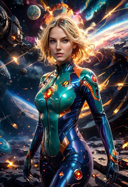 (((score_7_up, score_8_up, score_9, masterpiece, best quality, better quality,))),(perfect face;perfect), PsychadelicChaos, chaos, 1 girl, solo, Samus aran, Zero suit, space, exploding planets in background, chaos, armagedon, fire background, morph, psychadelic