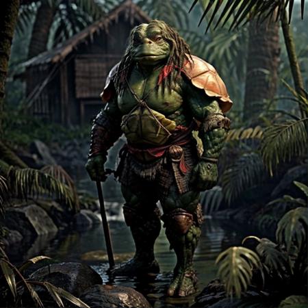 highly detailed  movie still of a (tortle:1.2) standing in a primitive jungle camp,

tortle, solo, red eyes, holding, standing, full body, weapon, holding weapon, armor, blurry, depth of field, blurry background, colored skin, realistic, green skin, chainmail, 

realistic:1.1, depth of field, blurry, blurry background,

in a swamp,

photorealistic,
ultra photoreal,
32k, natural light,
sunbeams,







