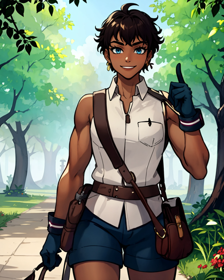 MintPTNS 1girl, dark-skinned_female, tomboy, short hair, blue eyes, muscular female shorts, white sleeveless shirt, satchel, gloves