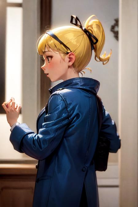 ((best quality)), ((masterpiece)), (detailed),(high-resolution:1.2), adult woman, 
Seccotine, 1girl, blonde hair, ponytail, ribbon, blue jacket, squared skirt