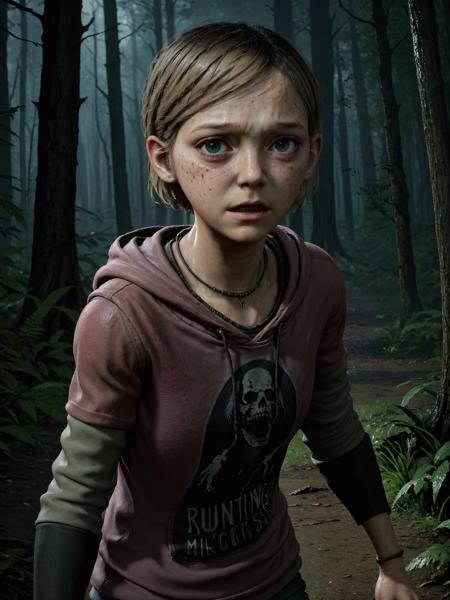 masterpiece, best quality, high quality,
photo of woman, sarah miller  in a rainy forest, 20 years old, 1girl,  the last of us style, short hairs, blonde hairs, freckles, wearing an old and worn red hoodie, necklaces, damaged skin, wounds, rucksack,  detailed skin, dirty skin, full body, perfect eyes, long pants,
(running fast, running away from monsters, dynamic pose, looking over:1.3), darkness, horror movie, image that could be album cover,
<lora:sarah_tlou_sdxl_v3-000018:1>