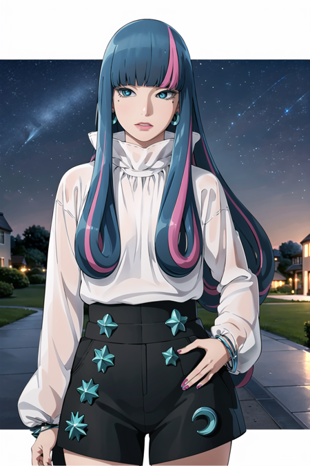 ((best quality)), ((highly detailed)), masterpiece, ((official art)), detailed face, beautiful face, (detailed eyes:1.3, deep eyes), (eida), long hair, looking at viewer, bangs, blue eyes, shirt, long sleeves, jewelry, very long hair, blue hair, pink hair, multicolored hair, earrings, sky, shorts, blunt bangs, star (symbol), nail polish, bracelet, two-tone hair, streaked hair, hand on hip, short shorts, night, black shorts, crescent, star (sky), night sky, personification, starry sky, high-waist shortsbest quality, masterpiece, intricate details, tonemapping, sharp focus, hyper detailed, trending on Artstation,1 girl, solo,best quality, masterpiece, intricate details, tonemapping, sharp focus, hyper detailed, trending on Artstation,1 girl, solo