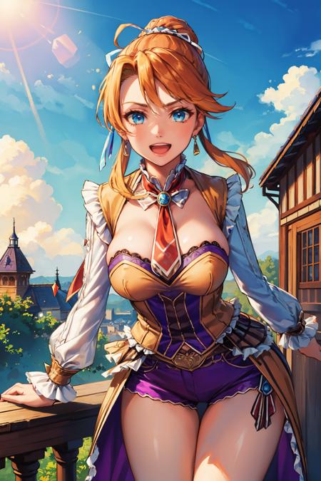 masterpiece, best quality,  <lora:yslaxia-nvwls-v1-000009:0.8> ysLaxia, hair ribbon, red necktie, bodice, long sleeves, cleavage, purple shorts, large breasts, :D, furrowed brow, leaning forward, blue sky, clouds, victorian architecture, looking at viewer