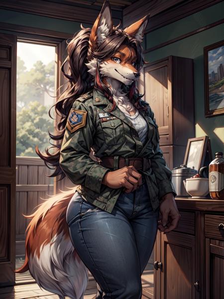 masterpieces,(wide angle, ), (furry, anthro fox woman, long snout:1.3), smiling, tired eyes, detailed eyes, sharp teeth, chest tuft, tail, (bodyfur, detailed fur, furskin:1.2), hard lighting, curvy, (inside park:1.1), long hair, ponytail hair, (curly hair:1.1), (colorful hair:1.1), (oily hair:0.8), (Military style:1.2), (homely:1.2), (wearing causal clothes:1.1)