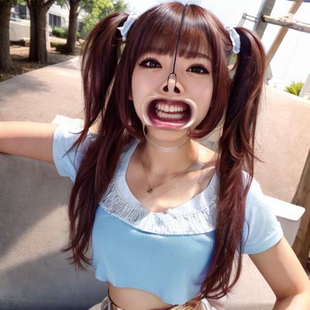 detailed beautiful face,masterpiece,(best quality, Ultradetailed:1.2),beautiful,young girl,  park,T-shirt,skirt,twin tail,open mouth,((face focus)) <lora:photo-nose-mouth:0.8> smile,look down,