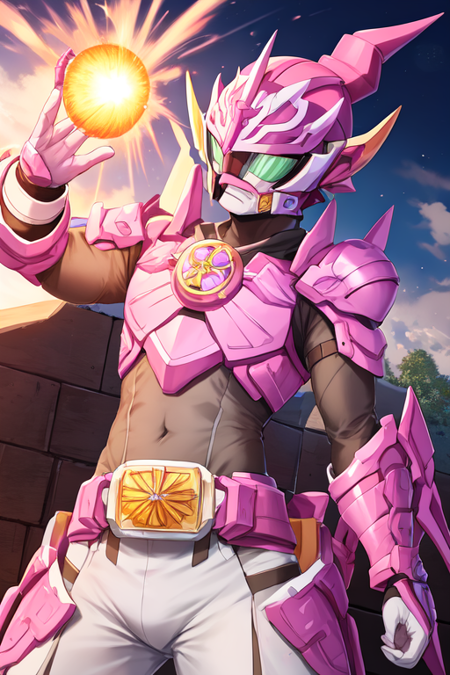 wizard, dragon, dump truck, (pink armor, blue armor:1.2), helmet, tokusatsu, belt, solo