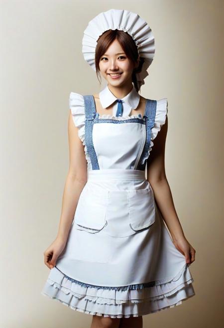 masterpiece, very aesthetic, absurdres, newest, 1girl, cowboy shot, maid, mad-shingles dress, long dress, white apron, maid headdress, holding skirt, smile