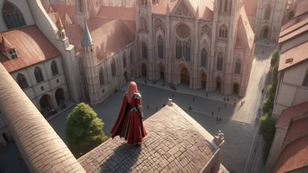 from_above,medieval city street,yuukananri,a female knight wearing a red cape and plate skirt armor,green eyes,with long pink hair,riding a horse,the scene shows her walking down a cobblestone street,(a massive Gothic cathedral visible in the distance),realistic movie style,highly detailed textures of her armor and the cobblestones,the red cape flowing in the wind,sunlight casting dramatic shadows,cinematic lighting,middle distance shot,bird's-eye view,back view,the city is alive with medieval architecture,people in the background,intricate cathedral façade,vibrant colors,detailed atmosphere,dynamic composition,epic atmosphere,adventure mood,(masterpiece:2),(best quality:1.1),ultra highres,original,extremely detailed,perfect lighting,<lora:yuukananri-base-01-XL:0.6>,<lora:MJ52_v2.0:0.5>,<lora:detailed_notrigger:1>,