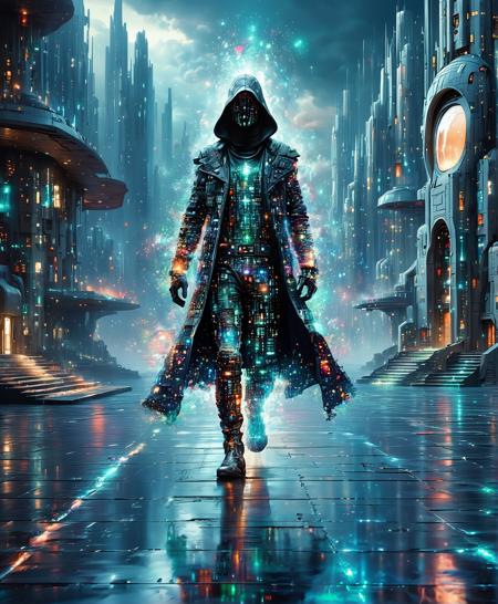 glowinglora, A lone, majestic time-traveler composed entirely of vibrant, shifting pixels materializes within a hyper-futuristic cityscape. The pixels ripple and distort, hinting at their journey through epochs. The surrounding neo-futuristic architecture reflects their digital essence, creating a surreal, anachronistic blend of past and future. <lora:glowing_and_light_particles_sd3.5-000010:0.7500000000000001>