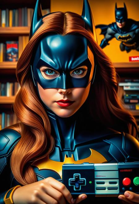 Centered, Incredibly Detailed Accurate Picture Of Batgirl Looking At Nintendo Console, close-up portrait, shallow depth of field, warm color grading, Oil painting, linkedin portrait, by Aaron Garbut, by Gustave Courbet, by Jules Breton, close up, natural beauty
