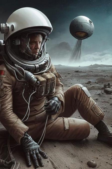 masterpiece, ultra high resolution, 3/4 view, a man in a space suit with a helmet on mars, space explorer, sovietpunk, breathtaking background, fantastic scenary,