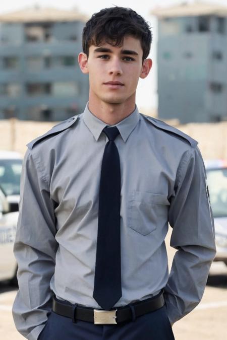 realistic, sfw, an attractive 18 years old fit caucasian boy standing, police uniform, <lora:yuvalsliper:0.7>, yuvalsliper,