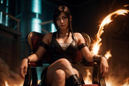 final fantasy 7,photo of a 18 year old girl,tifa lockhart,happy,sitting on a throne of fire,ray tracing,detail shadow,shot on Fujifilm X-T4,85mm f1.2,sharp focus,depth of field,blurry background,bokeh,lens flare,motion blur,<lora:add_detail:1>,