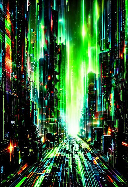 masterpiece, best quality, cinematic lighting, hyper-detailed, surreal composition, intricate architecture. A sprawling futuristic city rendered entirely in luminous green binary code, skyscrapers shaped from cascading numbers, grids, and symbols. The skyline is endless, stretching into digital horizons, with tall towers flickering as if they are made of streams of data. The atmosphere glows in neon green, dense with virtual fog and data particles. The streets below are woven with circuits and pulsing light streams. Mood: dystopian yet mesmerizing, the architecture looks both virtual and monumental. Camera angle: wide shot, aerial perspective showcasing the full expanse of the coded city.