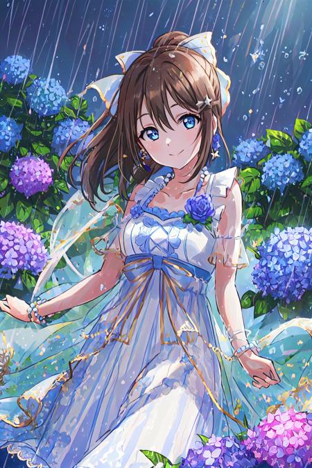 (best quality, masterpiece:1.2), 1girl, solo, cute, smile, detailed background, (looking at viewer, solo focus:1.2), light on face, sky, blue sky, sunlight, lens flare, depth of field, scenery, glow eyes, closed mouth, standing, cowboy shot,
<lora:ANIH Dress:0.8>, ANIH Dress, ousaka shizuku, jewelry, long hair, brown hair, blue eyes, sidelocks, hair bow, pearl necklace, bangs, ponytail, rose, white dress, hair between eyes, earrings, blue bow, sleeveless dress, collarbone, star (symbol), pearl bracelet, star hair ornament, purple rose, lace-trimmed dress, beads, frilled dress, white bow,
water bubble_particles, rain_drop, cloud, (hydrangea:1.4), arms on knees,