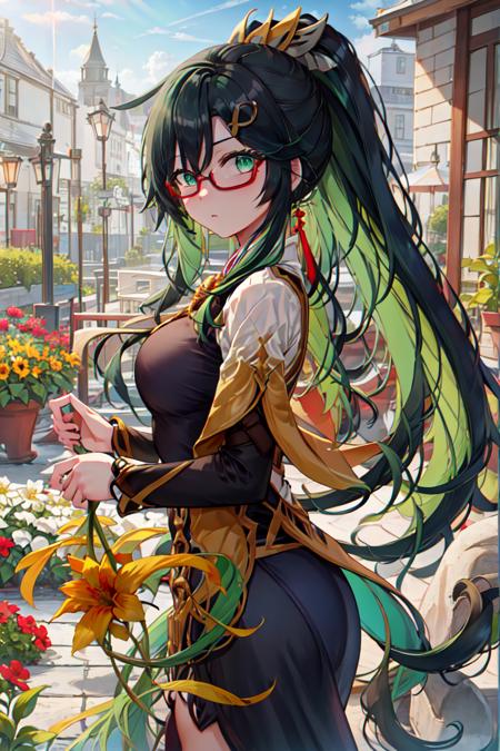 masterpiece, best image, 1girl, solo, <lora:CloudRetainerAnother2:0.75>, 
cloud retainer \(genshin impact\), glasses, ponytail, long hair, (black hair & green hair & multi-coloured hair), hair ornament,
outdoors, garden, sky, sunlight, blue sky, from side, flower